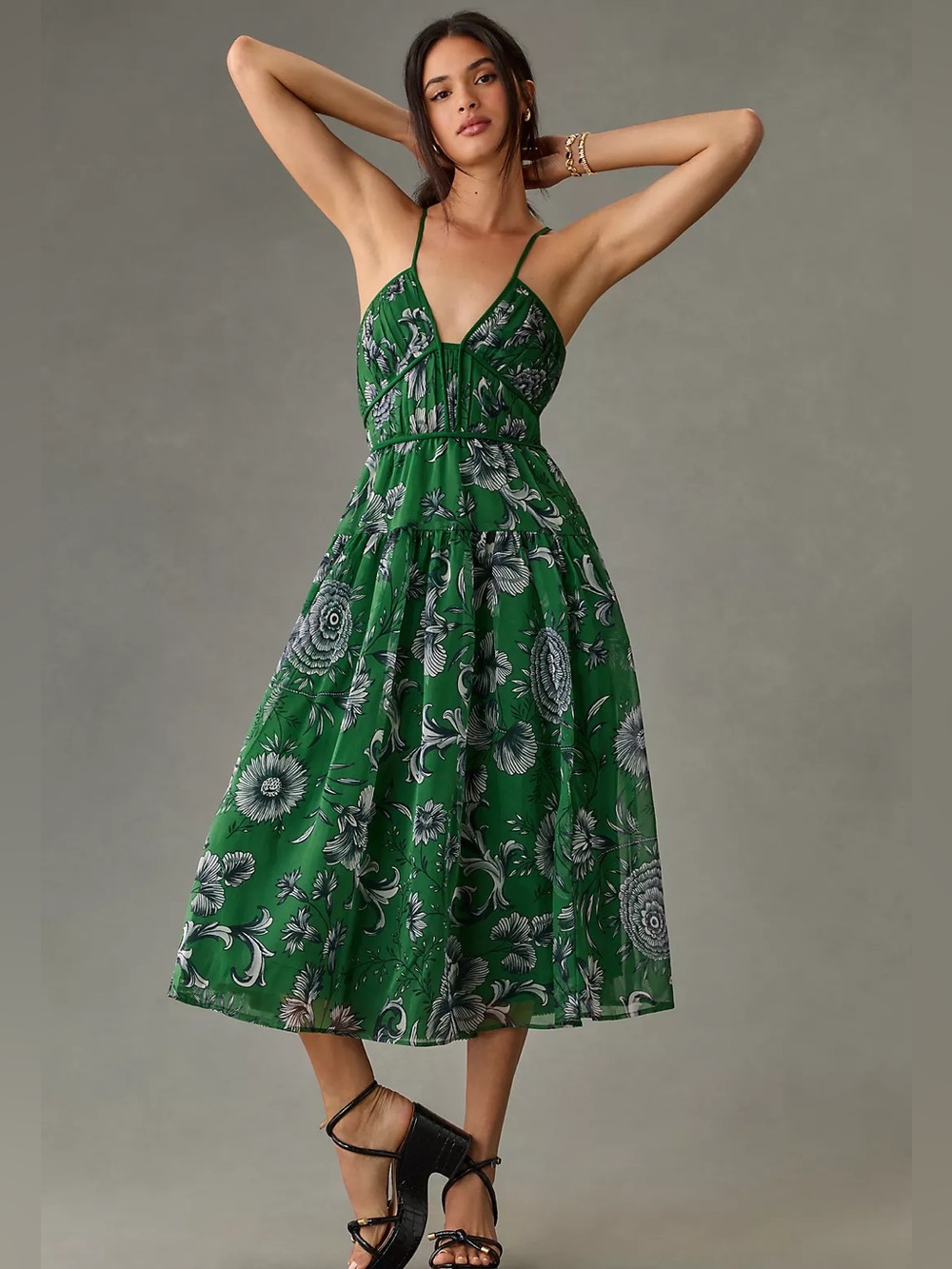 V-Neck Floral Halter Midi Dress